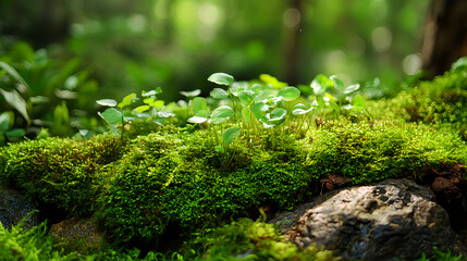 Fototapeta premium Moss growing on stones or rocks, creating an enchanting and natural green environment for water plants to grow in. The mossy forest adds beauty to the aquatic setting of aquascape aquariums. 