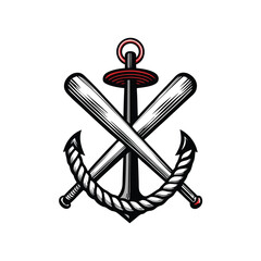 Design a vintage-style baseball logo a nautical anchor intertwined with a baseball bat, creating a powerful, yet elegant emblem. © arisadobe