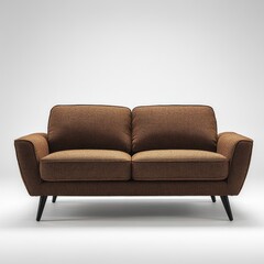 Brown patterned fabric loveseat with mid-century modern legs.