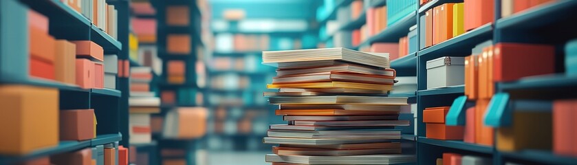 Cozy Library Interior with Stacks of Books and Colorful Shelves in Soft Focus Background