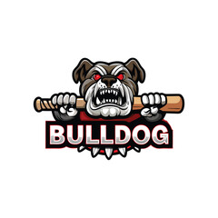 Design a fierce bulldog logo for a baseball team; the bulldog should be gripping a baseball bat aggressively.  Include team name option.