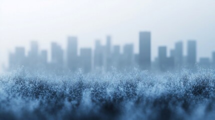 Fototapeta premium Frosty field, city skyline backdrop, winter scene, promotional use