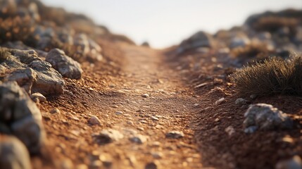 Dusty mountain trail path leading upwards, sunlit rocks, arid landscape, travel brochure