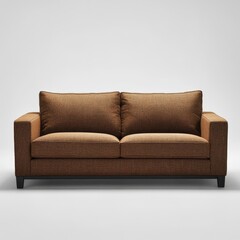 Fototapeta premium Modern brown fabric sofa with dark legs on white background.