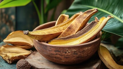 Overripe Banana Peels in a Rustic Bowl