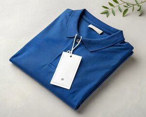 A blue polo shirt with a blank white label is folded on a white background.
