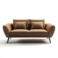 Fototapeta premium Modern brown fabric sofa with two pillows on a white background.