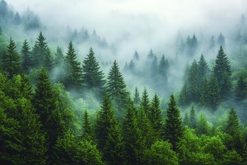 Foggy spruce forest in a panoramic landscape