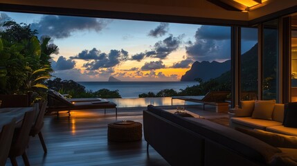 Fototapeta premium Luxury Villa Sunset View, Tropical Oceanfront Paradise