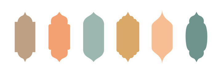 Set of elegant Islamic window and arch shapes. Traditional Arabic, Persian, and Moroccan elements with mosque domes, doors, and lanterns. Perfect for Ramadan Mubarak.