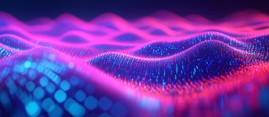 Fototapeta premium Pink & blue digital waves flow over data; tech background; website banner