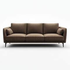 Modern brown three-seater sofa with textured fabric and black legs.
