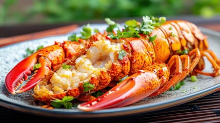 Freshly Cooked Lobster with Herbs on a Decorative Plate