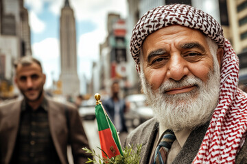 Smiling Elderly Man with Afghan Flag in City 