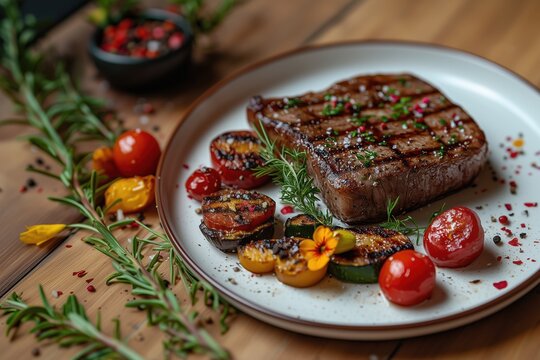 Grilled steak served with colorful roasted vegetables and herbs on a rustic wooden table in a cozy dining setting