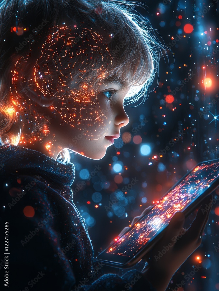 Poster a child employs a digital ai brain hud with holographic effects and chat bot symbols to depict machi