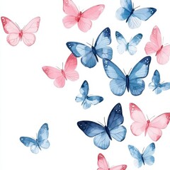Watercolor Pink and Blue Butterflies Spring Floral Design Nature Background Delicate Winged Insects