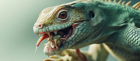Fototapeta premium Iguana eating insect, close-up studio shot, blurred background, wildlife documentary