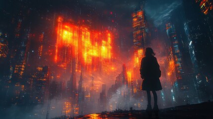 Cyberpunk Cityscape: A Solitary Figure in a Futuristic Metropolis