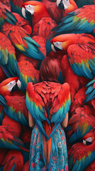 Fototapeta premium Woman Surrounded by Vibrant Scarlet Macaws