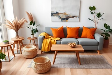 The stylish boho compostion at living room interior with design gray sofa, wooden coffee table, commode and elegant personal accessories. Honey yellow pillow and plaid. Cozy apartment. Home decor
