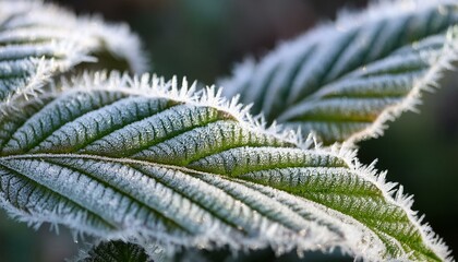 冷たい冬の朝、植物の葉に降りた霜のクローズアップ