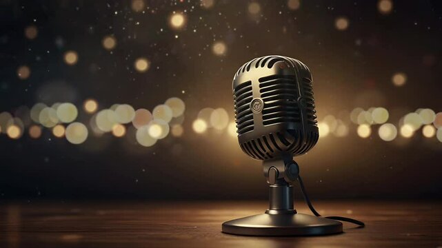 Vintage old microphone with bokeh background. Seamless 4K looping timelapse video animation