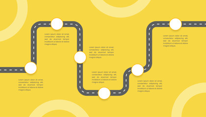 Business roadmap timeline infographic with 6 steps.