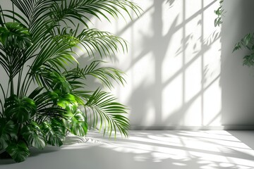 Fototapeta premium An abstract white wall with the gentle shadow of a window and flowers, framed by palm leaves, perfect for product presentation or overlay design