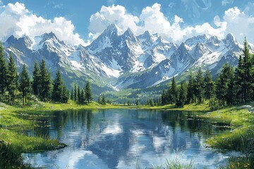 Fototapeta premium A stunning piece of art that embodies the tranquility of a mountain range and a serene lake in the foreground, illustrating lakes and mountains