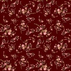 Seamless pattern watercolor flowers hand painted with maroon background textile wrapping paper illustration repeatable