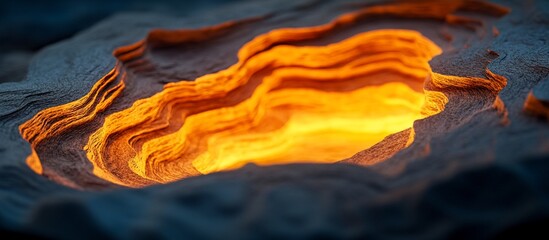 Glowing crater, dark rock texture, fiery glow, abstract background, digital art