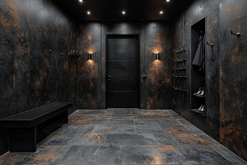 Obraz premium Dark modern hallway interior with black door, bench, coat rack, and warm lighting