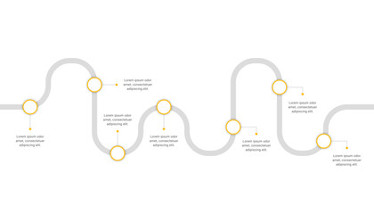 Business roadmap timeline infographic with 7 steps.