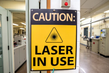 A bright yellow caution sign warns that a laser is in use, featuring a triangular hazard symbol to ensure safety in the surrounding area.