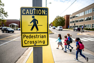 A bright yellow pedestrian crossing sign warns drivers, while children walk safely across the street near a school building.