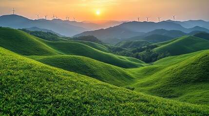 Obraz premium Picturesque rural landscape with wind turbines generating clean and renewable energy