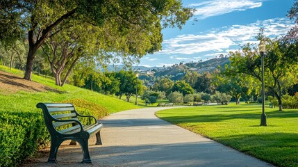 A peaceful grand park with walking paths, benches, and scenic views of the surrounding landscape
