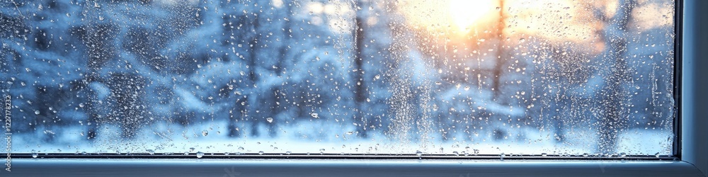 Poster winter sunset through a frosty window condensation and frost create an abstract pattern