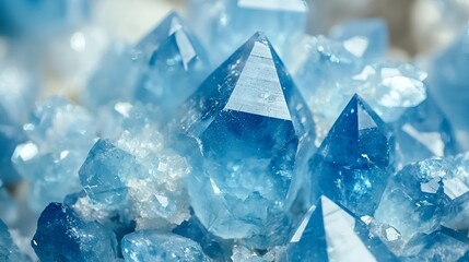 Obraz premium Blue quartz crystals cluster closeup. Background blurred. Jewelry, nature