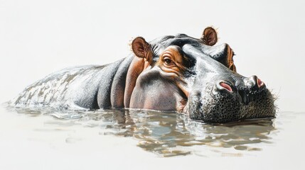 Fototapeta premium Hippo soaking in water on a white background