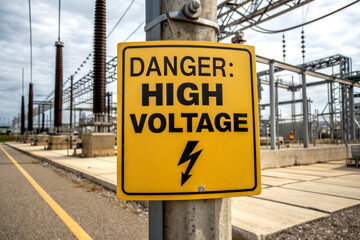A bright yellow warning sign indicating "Danger: High Voltage" in an electric substation area, highlighting safety risks associated with electricity.