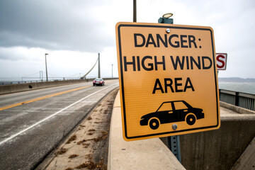 A cautionary sign warns drivers about high winds in a specific area, located near a bridge or roadway.