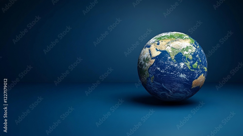 Poster a realistic 3d rendering of planet earth against a dark blue background with a soft light giving foc