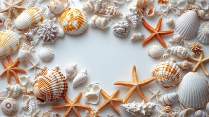 Seashells and Starfish Border on White Background: Summer Ocean Beach Theme