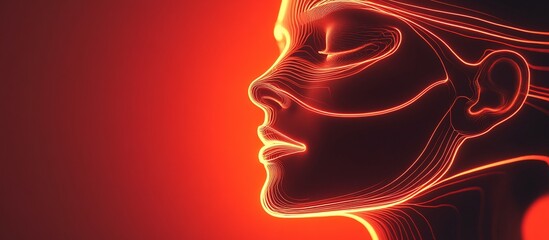 Glowing female profile, red background, digital art, medical use