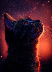 A cute little black kitten's silhouette sitting outdoors, taking in the beautiful sunset