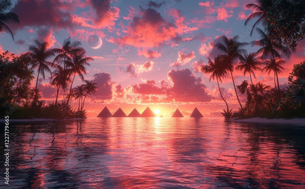 Poster a futuristic fantasy sea view with egyptian pyramids visible. an island featuring palm trees appears