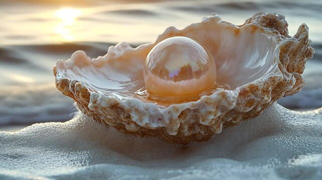 A close-up of an oyster shell with a lustrous pearl inside.