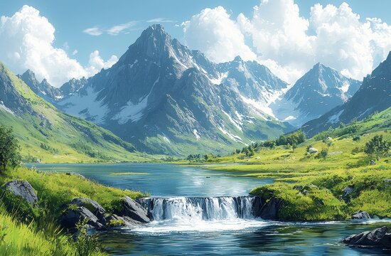 River or lake and mountain hill background, Mountain river valley landscape panorama HD 4k walpaper